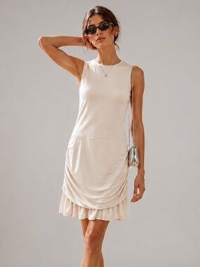 Reformation Amelia Dress Knit Ruched Ruffle XS Cream Mini